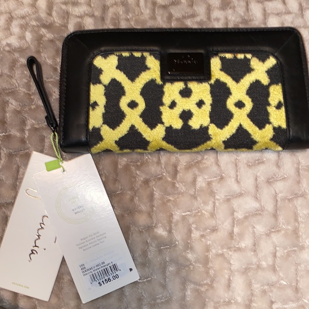 NWT black and yellow Petunia genuine leather trim zipper “Waverly” wallet